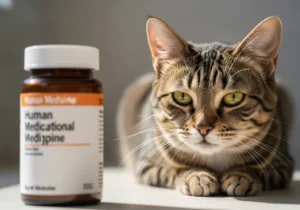 Kot leżący obok butelki z napisem „Human Medicational Medipine”, ilustrujący zagrożenie podawania ludziom leków zwierzętom.