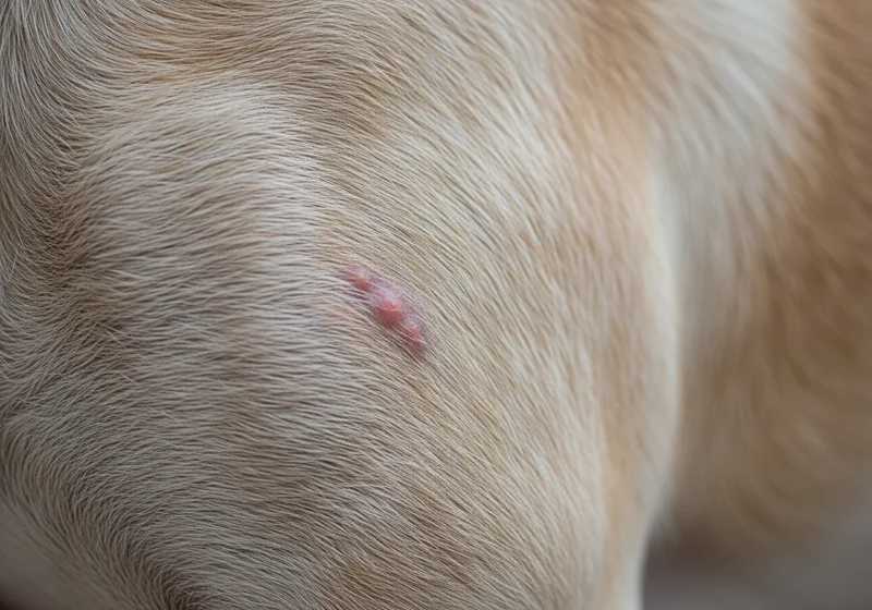Zaczerwieniona, wypukła krosta na jasnej sierści psa, będąca przykładem zmiany dermatologicznej.