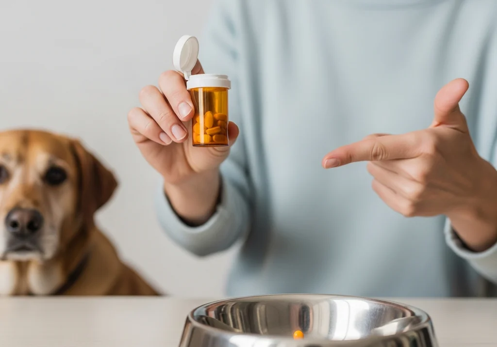Osoba trzymająca opakowanie leku dla ludzi i wskazująca palcem na tabletkę w misce psa; niebezpieczeństwo stosowania u zwierząt.