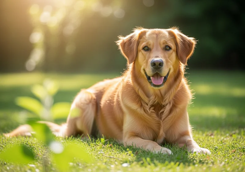 Zadowolony pies rasy golden retriever odpoczywający na zielonym trawniku w słoneczny dzień.