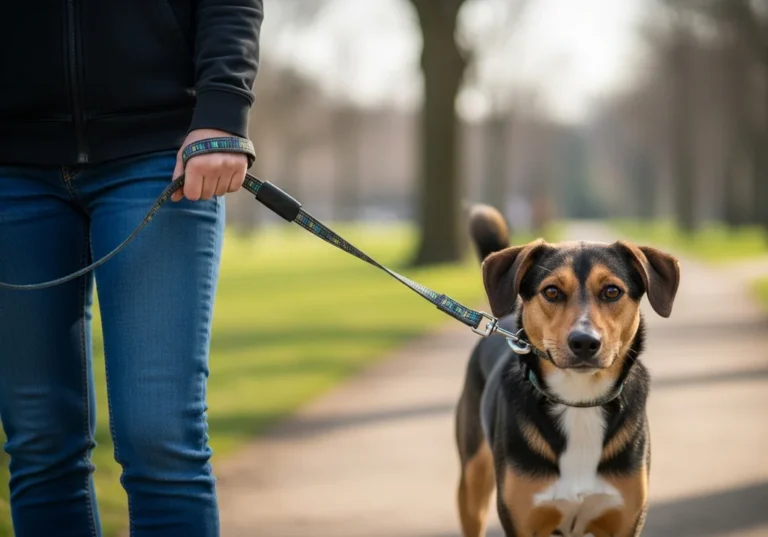 Osoba trzymająca w dłoni smycz przypiętą do obroży psa idącego spokojnie obok niej podczas spaceru w parku.