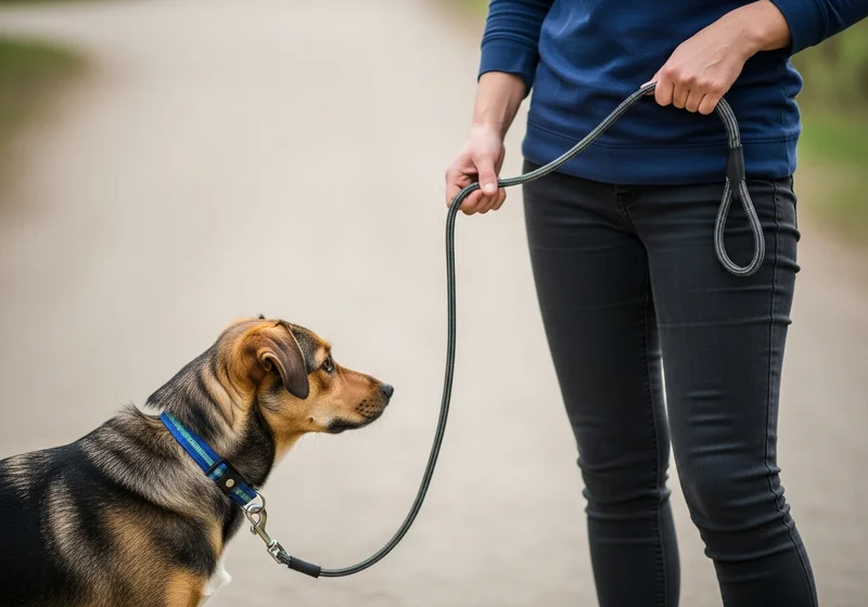 Opiekun trzymający smycz napiętą w sposób zachęcający psa do ciągnięcia podczas spaceru.