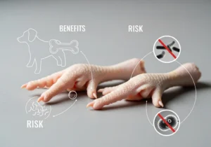 Surowe kurze łapki z oznaczeniami korzyści dla psa i ryzyka bakterii.