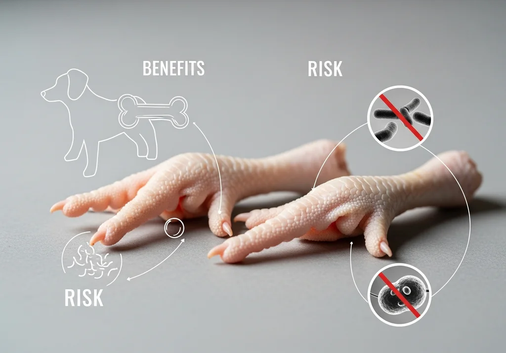 Surowe kurze łapki z oznaczeniami korzyści dla psa i ryzyka bakterii.