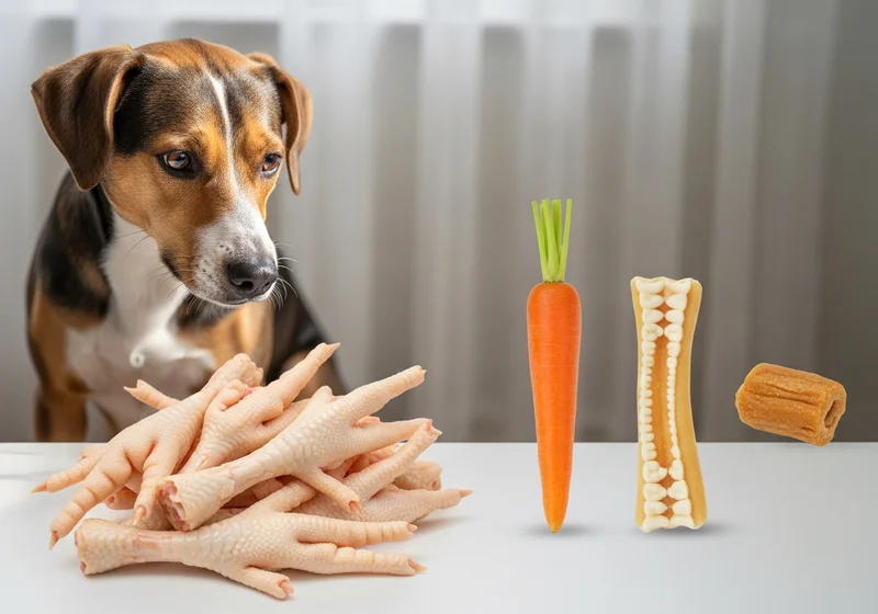 Pies patrzy na stół z łapkami kurczaka, marchewką i gryzakami dla psa.