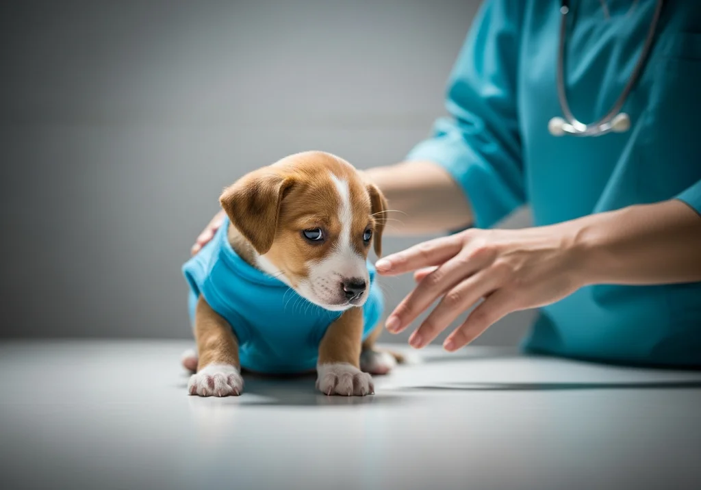 Weterynarz w niebieskim stroju z stetoskopem bada małego szczeniaka w niebieskiej koszulce na stole zabiegowym.