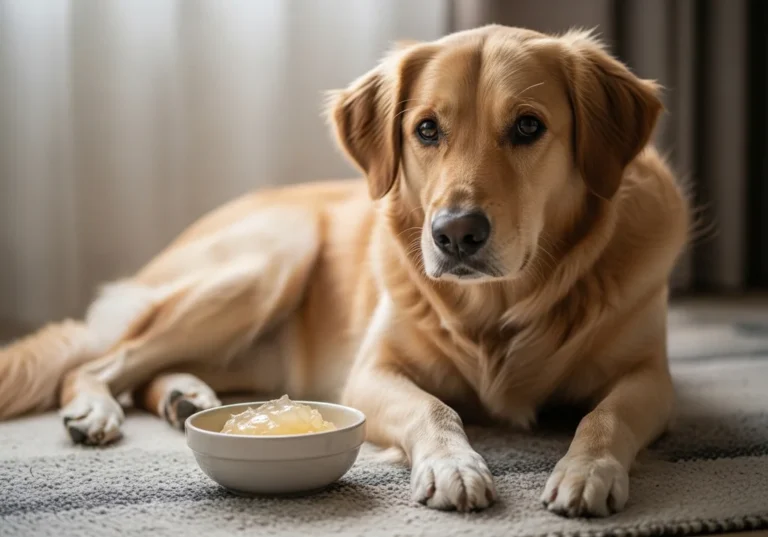 Złoty retriever leżący na dywanie przed małą miską z żelatyną, jako przykład domowego wsparcia stawów psa.
