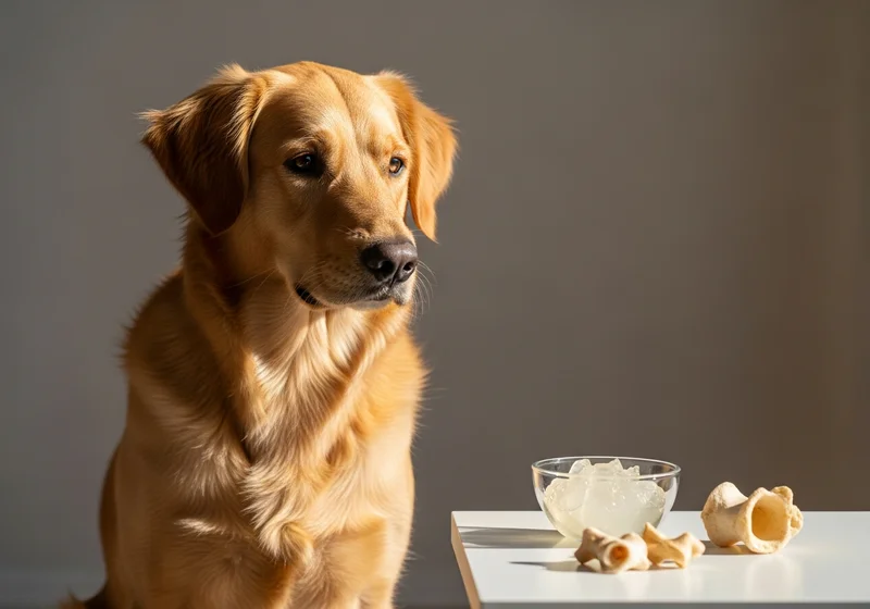 Złoty retriever patrzący na miseczkę z żelatyną oraz kości na białym stole.