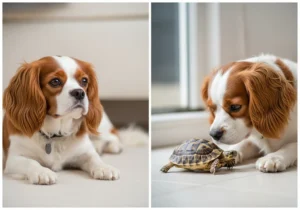 Cavalier King Charles spaniel łagodnie przyglądający się żółwiowi, ilustrujący spokojną relację między zwierzętami.