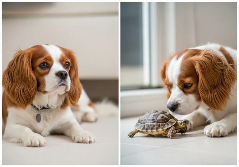 Cavalier King Charles spaniel łagodnie przyglądający się żółwiowi, ilustrujący spokojną relację między zwierzętami.