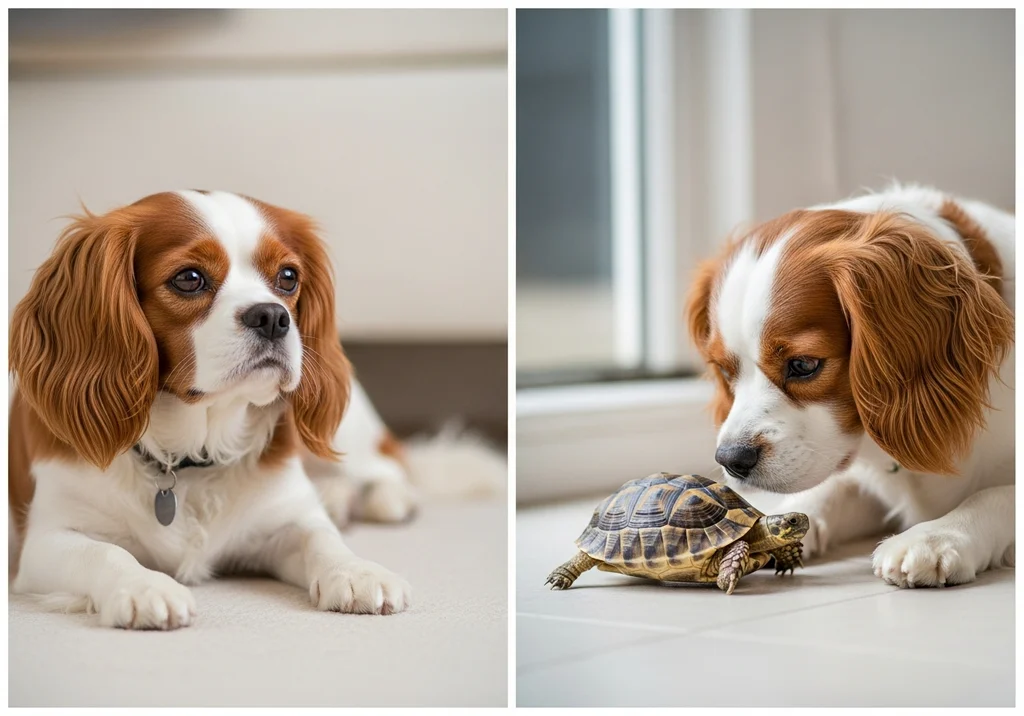 Cavalier King Charles spaniel łagodnie przyglądający się żółwiowi, ilustrujący spokojną relację między zwierzętami.