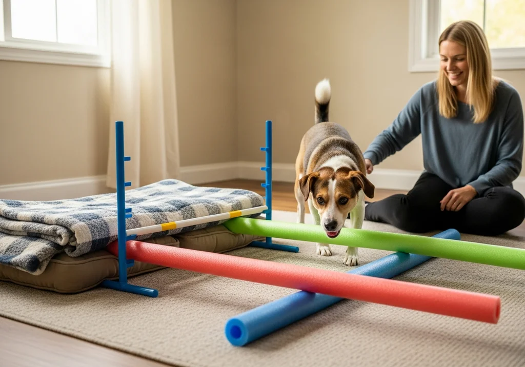 Kobieta trenuje agility z psem w domu, wykorzystując bezpieczne przeszkody wykonane z piankowych rurek na dywanie.