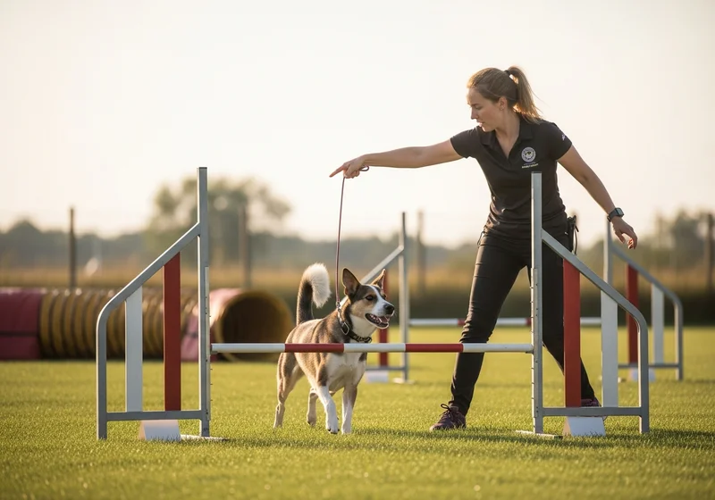 Trenerka agility wskazuje psu kierunek skoku przez poprzeczkę, demonstrując precyzyjną komunikację na torze treningowym.