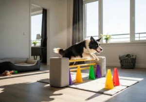 Border collie przeskakujący przez przeszkodę treningową agility w przestronnym, nowoczesnym salonie.