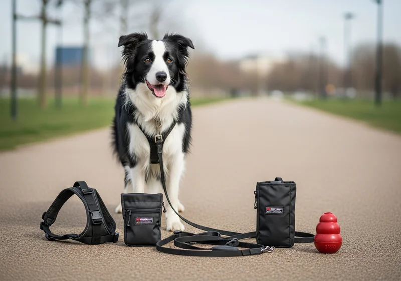 Border Collie na ścieżce w parku obok profesjonalnych akcesoriów spacerowych i zabawki treningowej.