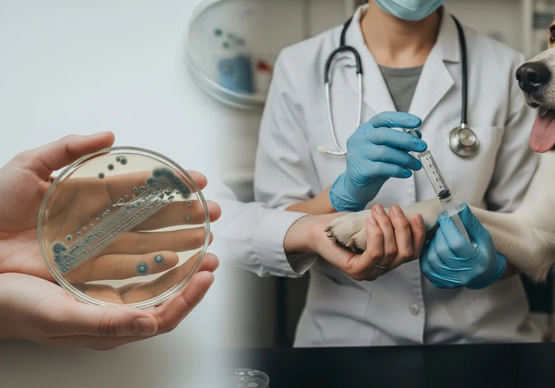 Weterynarz wykonujący wymaz z łapy psa do badania mikrobiologicznego w celu doboru celowanej farmakoterapii.