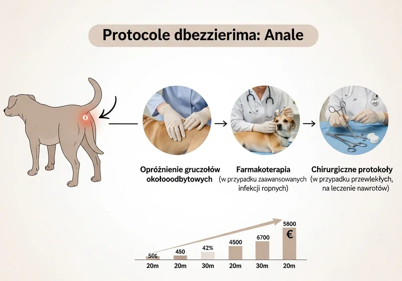 Schemat leczenia schorzeń gruczołów okołoodbytowych u psa: opróżnianie, farmakoterapia infekcji oraz protokoły chirurgiczne.