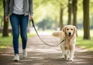 Właścicielka idzie z golden retrieverem na luźnej smyczy po parkowej alejce.