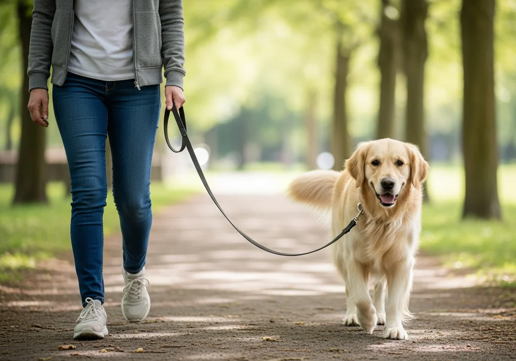 Właścicielka idzie z golden retrieverem na luźnej smyczy po parkowej alejce.