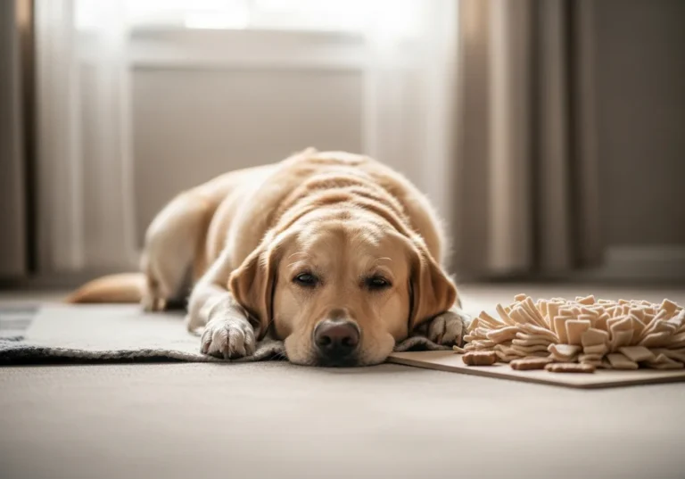 Zrelaksowany labrador leżący na dywanie przed matą węchową ze smakołykami, w słonecznym, domowym wnętrzu.