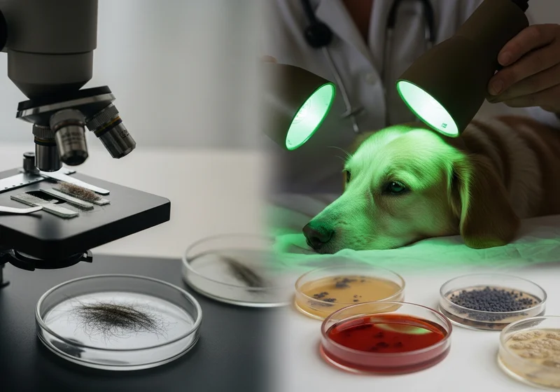 Diagnostyka dermatofitozy u psa: badanie mikroskopowe sierści, użycie lampy Wooda oraz hodowle mikrobiologiczne na podłożach.