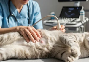 Lekarz weterynarii wykonuje badanie ultrasonograficzne brzucha u kota z wyczuwalnym zgrubieniem.