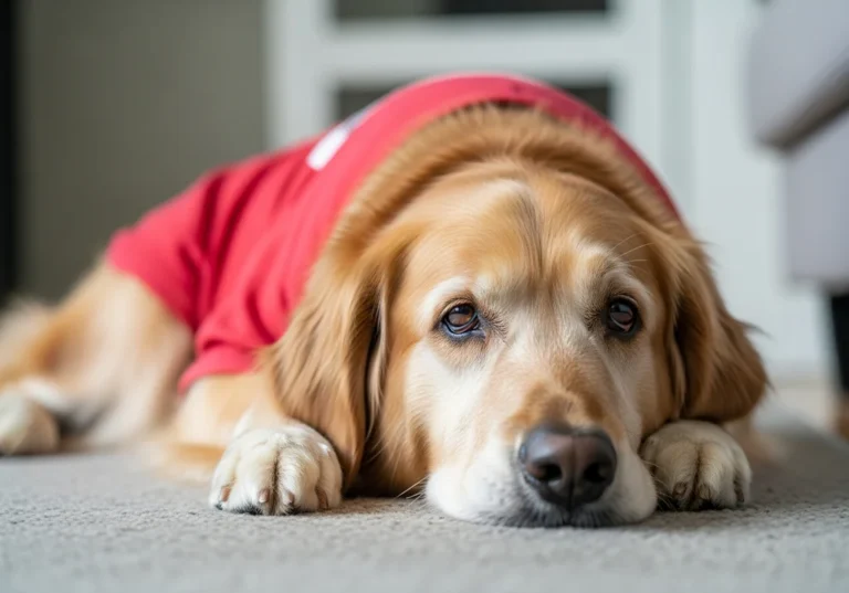 Złoty retriever w czerwonej koszulce leżący na podłodze z wyrazem apatii i smutku w oczach.