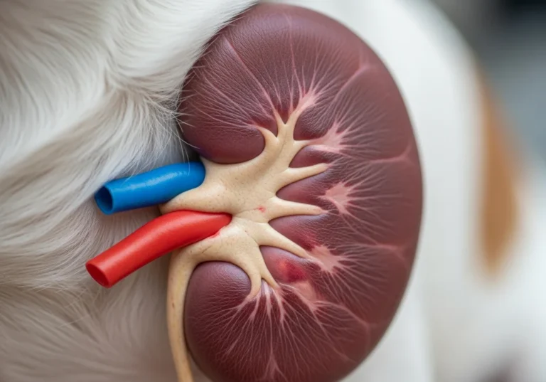 Anatomiczny model psiej nerki z widocznymi naczyniami krwionośnymi na tle psiej sierści.