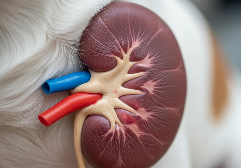 Anatomiczny model psiej nerki z widocznymi naczyniami krwionośnymi na tle psiej sierści.