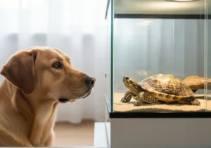 Pies patrzący na żółwia w terrarium, obrazujące konieczność izolacji biologicznej w domu z wieloma gatunkami zwierząt.