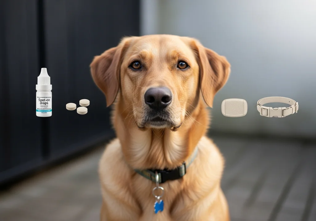 Złocisty labrador w otoczeniu preparatów na kleszcze: kropli typu spot-on, tabletek oraz obroży biobójczej.