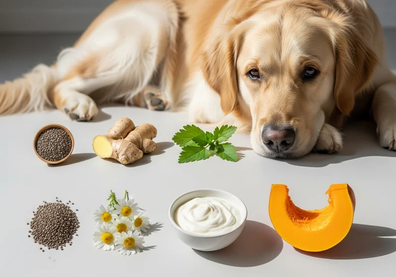 Złoty golden retriever leży obok produktów wspierających regenerację żołądka: imbiru, nasion chia, rumianku, jogurtu i dyni.