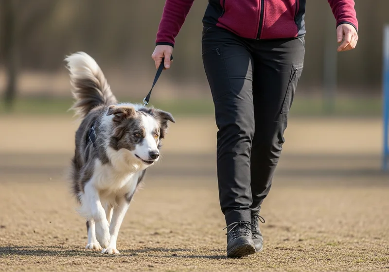 Osoba w sportowym stroju idzie obok psa rasy border collie, który utrzymuje skupienie na przewodniku w pozycji zasadniczej.