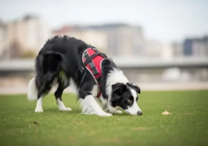 Skupiony pies rasy border collie w czerwonych szelkach wykonuje zadanie węchowe na miejskim trawniku.