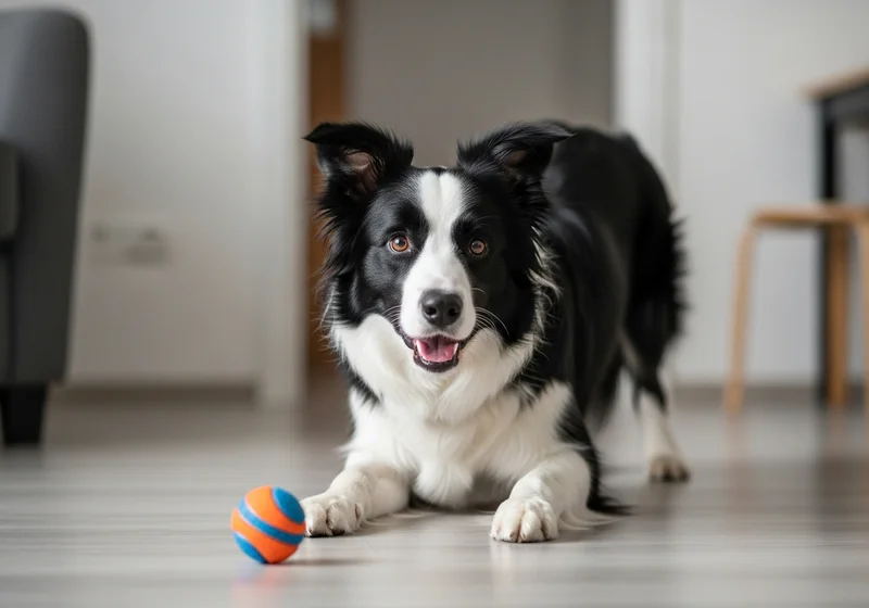 Pies rasy border collie w pozycji wyczekującej z piłką, obrazujący potrzebę treningu umiejętności wyciszenia w domu.