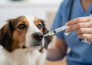 Weterynarz podaje psu fenbendazol w formie żelu za pomocą strzykawki dozującej.
