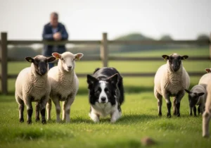 Skupiony border collie pilnujący stada owiec na pastwisku pod nadzorem hodowcy w tle.