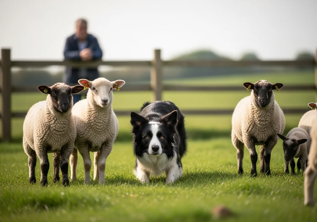 Skupiony border collie pilnujący stada owiec na pastwisku pod nadzorem hodowcy w tle.
