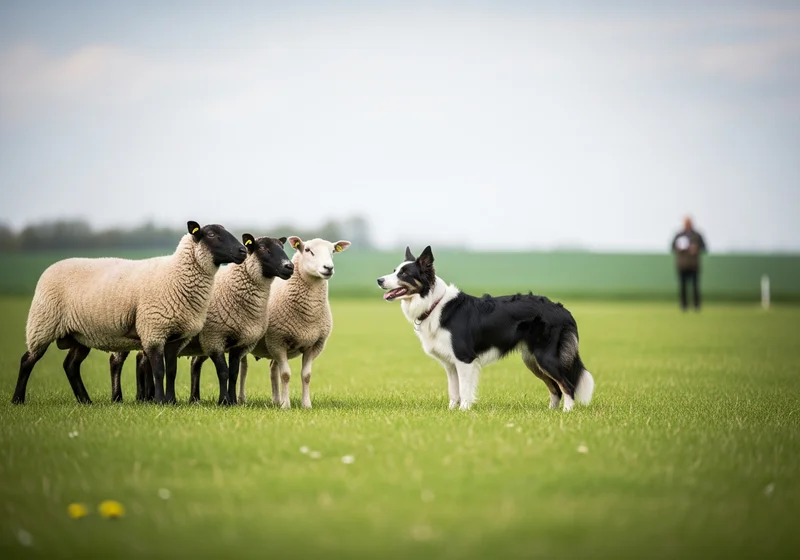 Border collie podczas testu instynktu pasienia w kontakcie z trzema owcami na łące w obecności przewodnika.