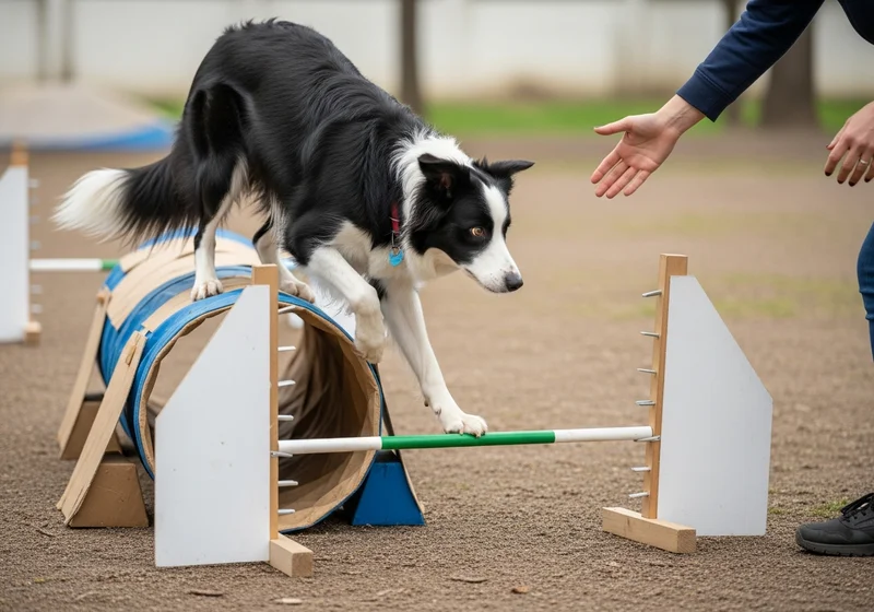 Border collie podczas treningu agility na domowym torze z tunelu i drążka, ostrzeżenie przed błędami biomechaniki.