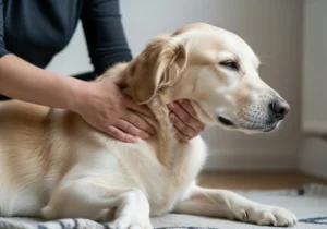 Opiekun wykonujący delikatny masaż relaksacyjny okolic szyi i łopatek spokojnego psa rasy golden retriever.