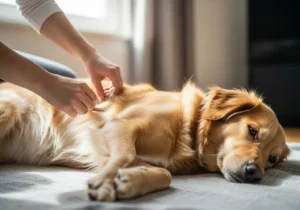 Osoba wykonująca delikatny, okrężny masaż TTouch na ciele spokojnie leżącego psa rasy golden retriever.