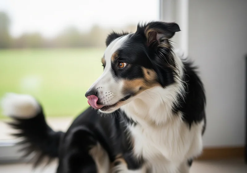 Border collie oblizujący nos, co jest sygnałem stresu u psa, patrzący w stronę okna na tle jasnego wnętrza.