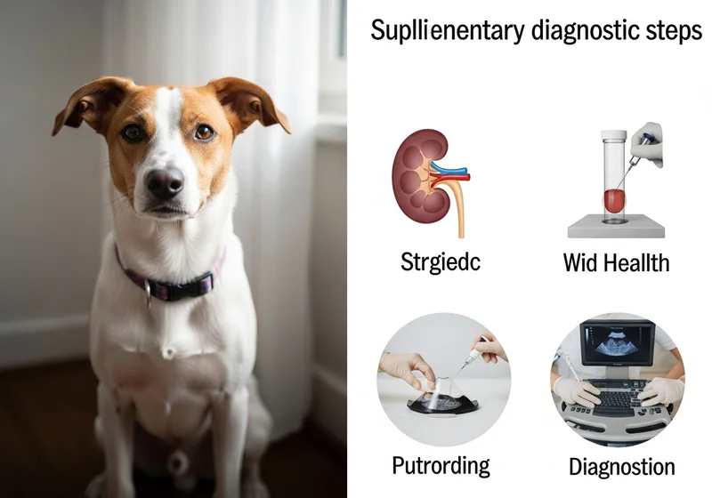 Pies obok infografiki prezentującej kroki diagnostyki nefrologicznej: badania nerek, krwi, analizy płynów oraz USG.