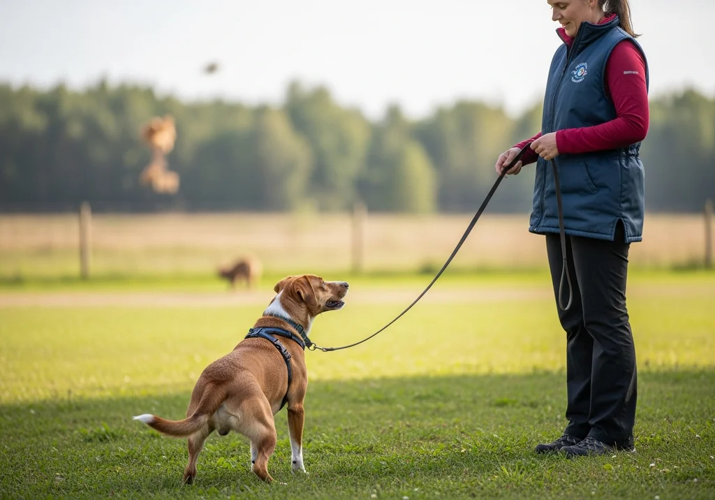 Opiekunka w kamizelce treningowej trzyma długą linkę, ucząc psa skupienia uwagi w otwartym terenie.