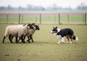 Border collie w skupieniu obserwuje grupę owiec na pastwisku podczas testu predyspozycji pasterskich.