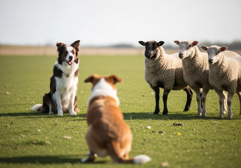 Siedzący border collie i inny pies patrzący na trzy owce na łące, ilustrujący różnice w instynkcie pasterskim.
