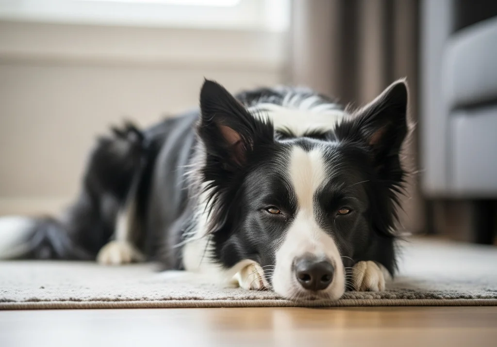 Border collie leżący na podłodze, patrzący prosto w obiektyw, ilustrujący potrzebę nauki wyciszania się.
