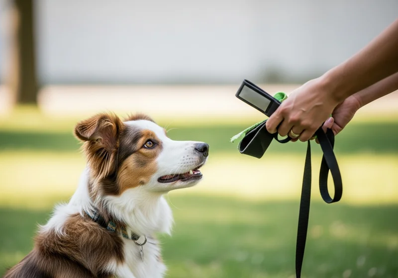 Skupiony border collie czekający na założenie smyczy przez opiekuna, gotowy do wspólnej aktywności na zewnątrz.