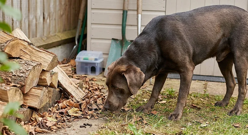 Czekoladowy labrador wącha odchody gryzoni leżące na ziemi obok sterty drewna w ogrodzie.